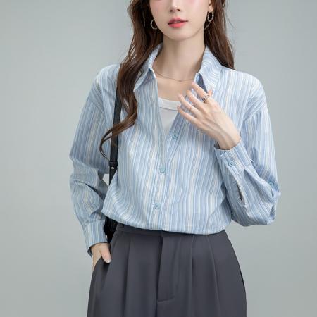 FA54014# 新款蓝色条纹长袖衬衫宽松显瘦百搭韩系通勤早秋上衣 服裝批發女裝批發服飾貨源