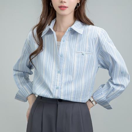 FA54014# 新款蓝色条纹长袖衬衫宽松显瘦百搭韩系通勤早秋上衣 服裝批發女裝批發服飾貨源