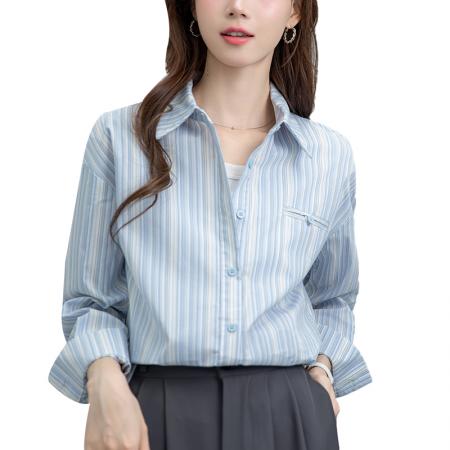 FA54014# 新款蓝色条纹长袖衬衫宽松显瘦百搭韩系通勤早秋上衣 服裝批發女裝批發服飾貨源