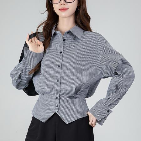 FA54015# 春季新款高级感通勤时尚小衫气质格纹收腰翻领长袖衬衫女 服裝批發女裝批發服飾貨源