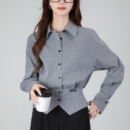 FA54015# 春季新款高级感通勤时尚小衫气质格纹收腰翻领长袖衬衫女 服裝批發女裝批發服飾貨源