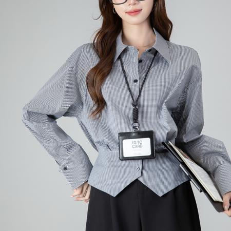 FA54015# 春季新款高级感通勤时尚小衫气质格纹收腰翻领长袖衬衫女 服裝批發女裝批發服飾貨源