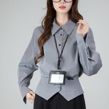 FA54015# 春季新款高级感通勤时尚小衫气质格纹收腰翻领长袖衬衫女 服裝批發女裝批發服飾貨源