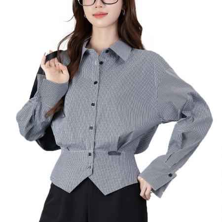 FA54015# 春季新款高级感通勤时尚小衫气质格纹收腰翻领长袖衬衫女 服裝批發女裝批發服飾貨源