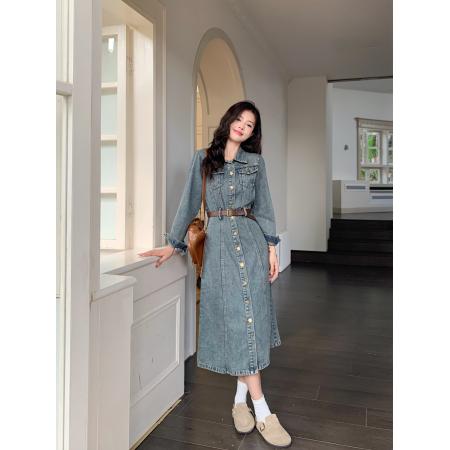 FA54017# 大码女装春季新复古风牛仔连衣裙胖mm收腰遮肚显瘦中长款裙子 服裝批發女裝批發服飾貨源