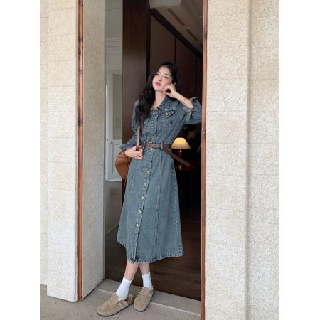 FA54017# 大码女装春季新复古风牛仔连衣裙胖mm收腰遮肚显瘦中长款裙子 服裝批發女裝批發服飾貨源