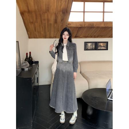 FA54018# 大码女装牛仔裙半身裙套装春季新款胖mm牛仔外套+长裙套装 服裝批發女裝批發服飾貨源