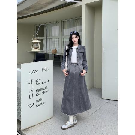 FA54018# 大码女装牛仔裙半身裙套装春季新款胖mm牛仔外套+长裙套装 服裝批發女裝批發服飾貨源