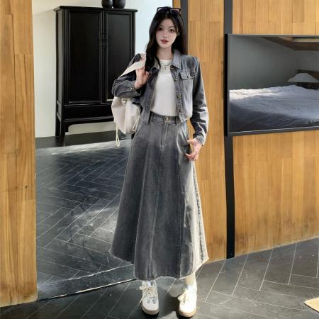FA54018# 大码女装牛仔裙半身裙套装春季新款胖mm牛仔外套+长裙套装 服裝批發女裝批發服飾貨源