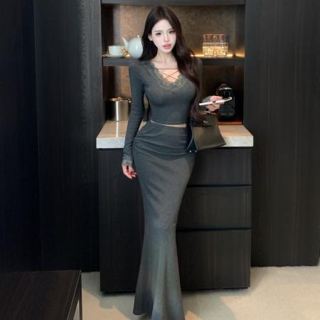 FA54019# 蕾丝V领绑带针织上衣褶皱修身包臀裙套装 服裝批發女裝批發服飾貨源