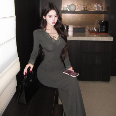 FA54019# 蕾丝V领绑带针织上衣褶皱修身包臀裙套装 服裝批發女裝批發服飾貨源