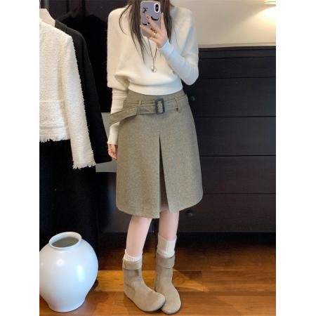 FA54023# ～春韩系温柔时尚杏色针织衫上衣半身裙两件套装 服裝批發女裝批發服飾貨源