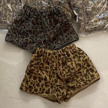 FA54030# 秋冬款时尚抽绳高腰复古豹纹加厚保暖阔腿短裤女 服裝批發女裝批發服飾貨源