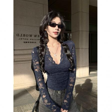 FA54033# 大码女装微胖MM纯欲风v领长袖T恤秋冬蕾丝修身内搭磨毛打底衫上衣 服裝批發女裝批發服飾貨源