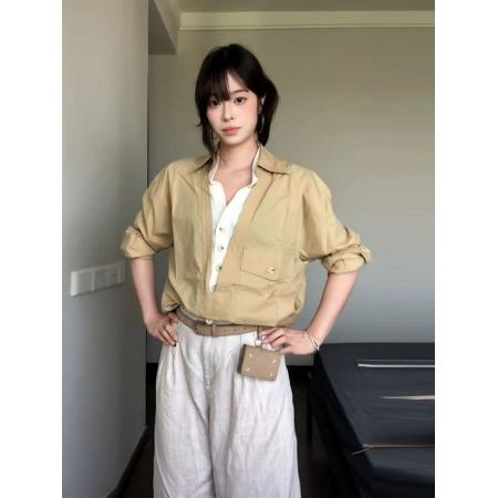 FA54034# 老钱风V领撞色衬衫女早秋休闲风长袖假两件衬衣宽松高级情侣上衣 服裝批發女裝批發服飾貨源
