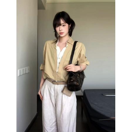 FA54034# 老钱风V领撞色衬衫女早秋休闲风长袖假两件衬衣宽松高级情侣上衣 服裝批發女裝批發服飾貨源