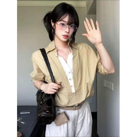 FA54034# 老钱风V领撞色衬衫女早秋休闲风长袖假两件衬衣宽松高级情侣上衣 服裝批發女裝批發服飾貨源