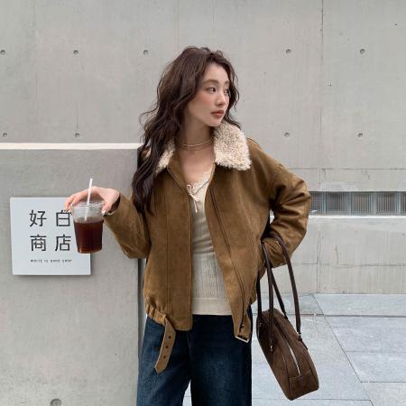FA54035# 卡其色羊羔毛麂皮外套女冬季新款复古加厚毛绒短款上衣 服裝批發女裝批發服飾貨源