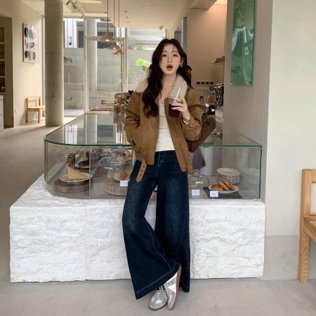 FA54035# 卡其色羊羔毛麂皮外套女冬季新款复古加厚毛绒短款上衣 服裝批發女裝批發服飾貨源