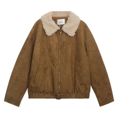 FA54035# 卡其色羊羔毛麂皮外套女冬季新款复古加厚毛绒短款上衣 服裝批發女裝批發服飾貨源