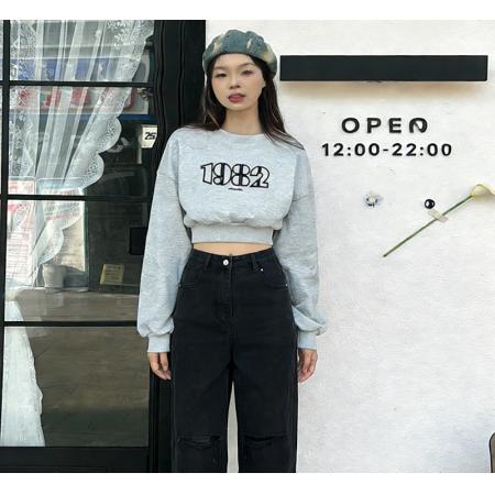 FA54036# 曼巴棉克圆领后包领CVC罗口短款收腰圆领印花卫衣 服裝批發女裝批發服飾貨源