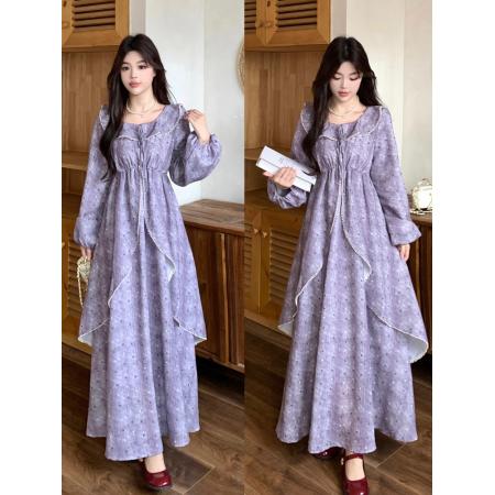 FA54043# 春季新款胖mm复古波点印花新中式连衣裙减龄显瘦荷叶边长裙子 服裝批發女裝批發服飾貨源