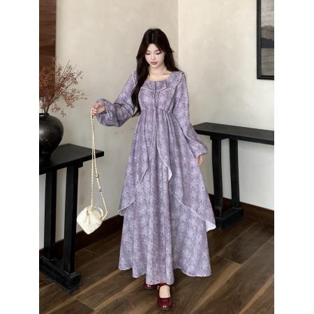 FA54043# 春季新款胖mm复古波点印花新中式连衣裙减龄显瘦荷叶边长裙子 服裝批發女裝批發服飾貨源