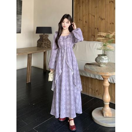 FA54043# 春季新款胖mm复古波点印花新中式连衣裙减龄显瘦荷叶边长裙子 服裝批發女裝批發服飾貨源