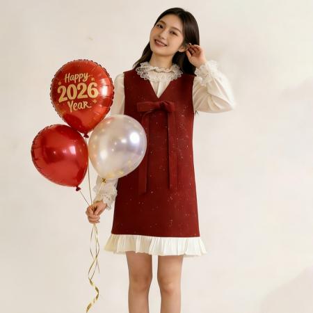 FA54044# 春节日喜庆烫片蝴蝶结背心裙+叠穿花边白色丝绒上衣两件套 服裝批發女裝批發服飾貨源