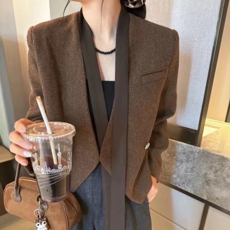 FA54051# 韩版高级感飘带西装短外套女春秋新款气质休闲显瘦小西服上衣 服裝批發女裝批發服飾貨源