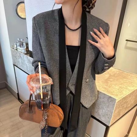 FA54051# 韩版高级感飘带西装短外套女春秋新款气质休闲显瘦小西服上衣 服裝批發女裝批發服飾貨源