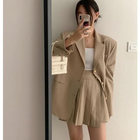 FA54053# 韩版西装套装裙春秋新款小个子气质单排扣西服外套+百褶裙两件套 服裝批發女裝批發服飾貨源
