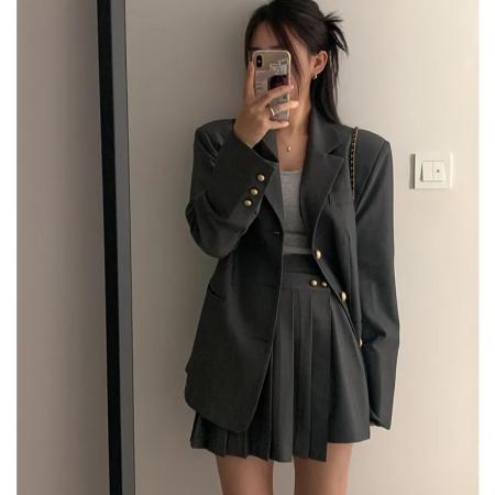 FA54053# 韩版西装套装裙春秋新款小个子气质单排扣西服外套+百褶裙两件套 服裝批發女裝批發服飾貨源