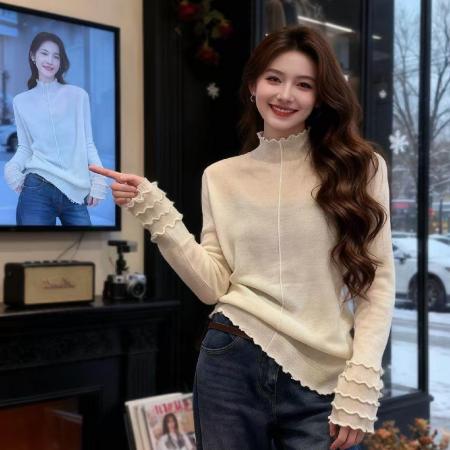 FA54056# 法式温柔木耳边半高领针织衫女高级感显瘦打底衫上衣 服裝批發女裝批發服飾貨源
