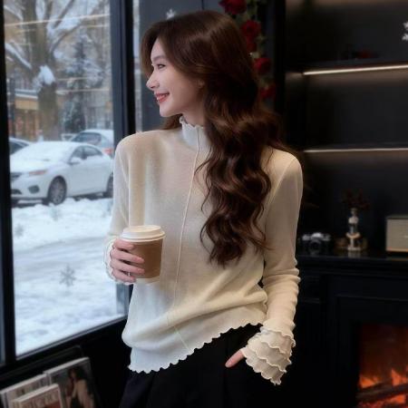 FA54056# 法式温柔木耳边半高领针织衫女高级感显瘦打底衫上衣 服裝批發女裝批發服飾貨源