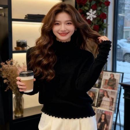 FA54056# 法式温柔木耳边半高领针织衫女高级感显瘦打底衫上衣 服裝批發女裝批發服飾貨源