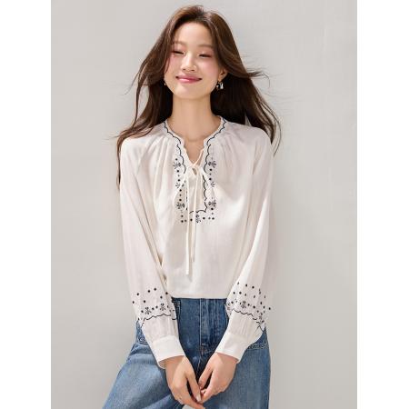 FA54064# 莱赛尔天丝长袖衬衫女春装新款刺绣重工法式系带上衣 服裝批發女裝批發服飾貨源