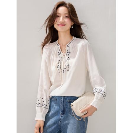 FA54064# 莱赛尔天丝长袖衬衫女春装新款刺绣重工法式系带上衣 服裝批發女裝批發服飾貨源