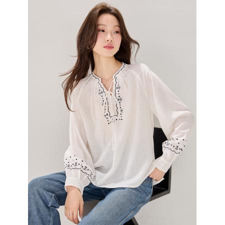 FA54064# 莱赛尔天丝长袖衬衫女春装新款刺绣重工法式系带上衣 服裝批發女裝批發服飾貨源