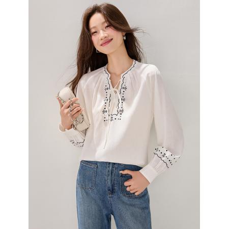 FA54064# 莱赛尔天丝长袖衬衫女春装新款刺绣重工法式系带上衣 服裝批發女裝批發服飾貨源