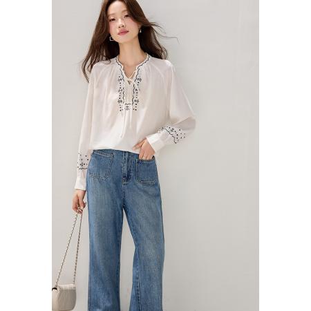 FA54064# 莱赛尔天丝长袖衬衫女春装新款刺绣重工法式系带上衣 服裝批發女裝批發服飾貨源