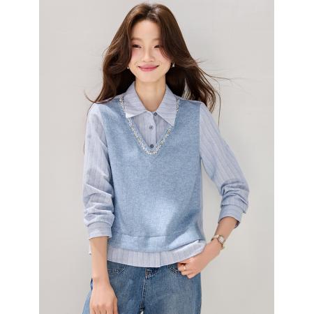 FA54065# 实春装新款时尚百搭领口花边条纹拼接假两件卫衣女上衣 服裝批發女裝批發服飾貨源