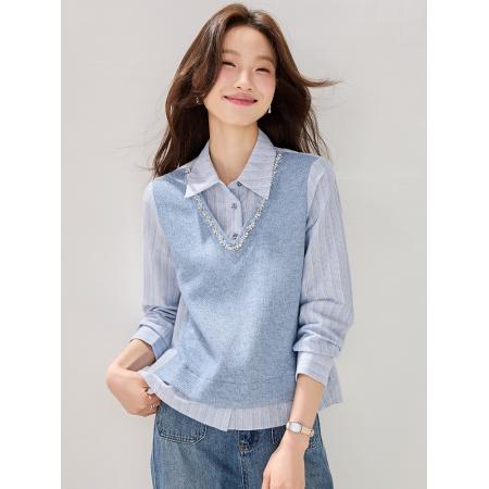 FA54065# 实春装新款时尚百搭领口花边条纹拼接假两件卫衣女上衣 服裝批發女裝批發服飾貨源