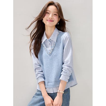 FA54065# 实春装新款时尚百搭领口花边条纹拼接假两件卫衣女上衣 服裝批發女裝批發服飾貨源