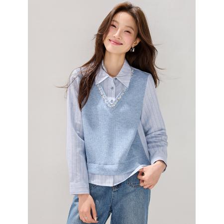 FA54065# 实春装新款时尚百搭领口花边条纹拼接假两件卫衣女上衣 服裝批發女裝批發服飾貨源