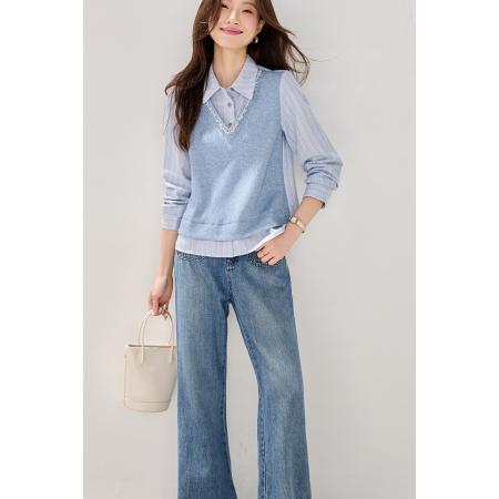 FA54065# 实春装新款时尚百搭领口花边条纹拼接假两件卫衣女上衣 服裝批發女裝批發服飾貨源