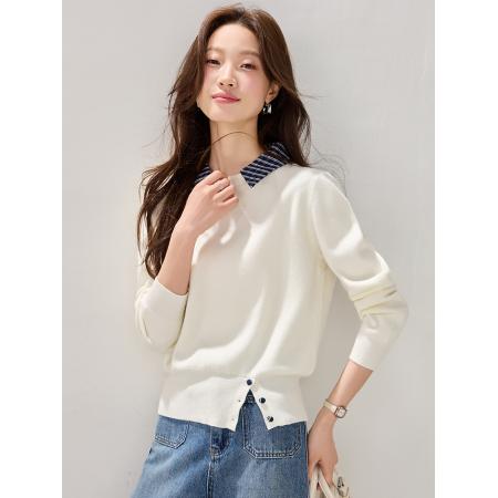 FA54066# 春装新款格雷系撞色翻领针织套头高级感时尚休闲上衣 服裝批發女裝批發服飾貨源