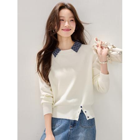 FA54066# 春装新款格雷系撞色翻领针织套头高级感时尚休闲上衣 服裝批發女裝批發服飾貨源