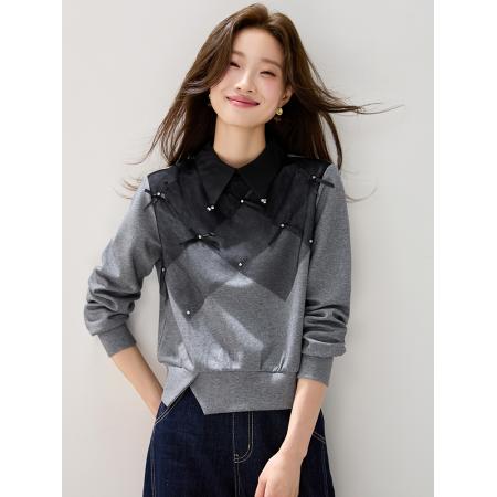 FA54067# 实法式撞色菱格蝴蝶结网纱拼接长袖T桖女设计感小众翻领套头卫衣 服裝批發女裝批發服飾貨源