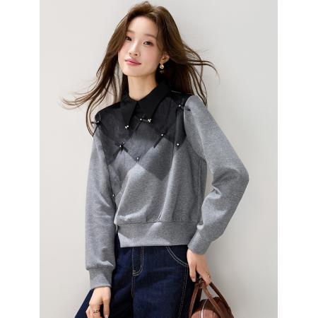 FA54067# 实法式撞色菱格蝴蝶结网纱拼接长袖T桖女设计感小众翻领套头卫衣 服裝批發女裝批發服飾貨源